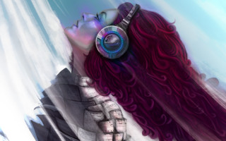 Woman headphones looking into distance - headphone free wallpaper