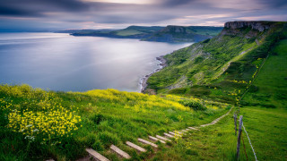 Grassy hillside stairs lake cliff - stair free wallpaper