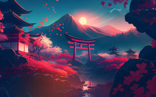 Mountain pagoda stream fullmoon autumn - a full moon in the background free wallpaper for desktop