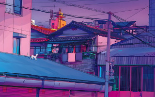 City cat clocktower cyberpunk scenery - a painting of a city free wallpaper