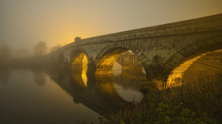 Bridge foggy river romanesque matte - a few tree free wallpaper