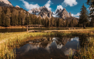 Small bridge pond mountains sky - derold page free wallpaper for desktop