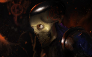 Skull helmet sword fire background - art station free wallpaper