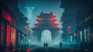 Foggy city street neon skyline - alena aenami free wallpaper