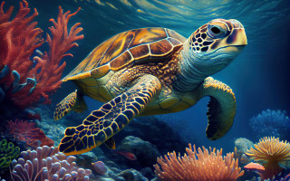 Turtle ocean corals seaweed photorealism - cyril rolando free wallpaper