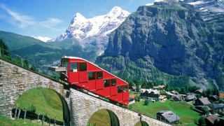 Red train bridge mountains mountain - the track free wallpaper