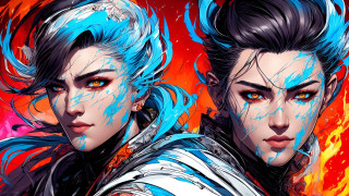 Blue haired fantasy cyberpunk girls - streak free wallpaper