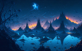 Lake mountains night moon fantasy - a crescent moon free wallpaper