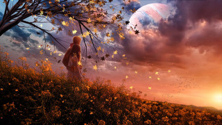 Painting person field tree sunset - dreamlike free wallpaper
