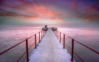 Pier red railing lighthouse cloudy - free sky wallpaper