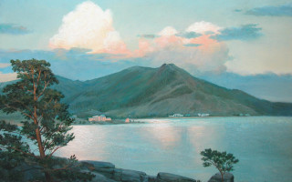Mountain lake house cloudy sky - a painting of a mountain lake free wallpaper