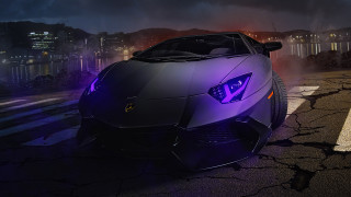 Purple sports car night city - dark night free wallpaper