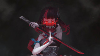 Woman demonmask sword cyberpunk glowing - holding free wallpaper for desktop
