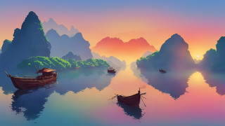 Boat mountains sunset mystical colors - anton fadeev free wallpaper