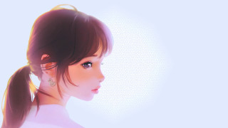 Woman pony tail earrings profile - a white background behind her free wallpaper