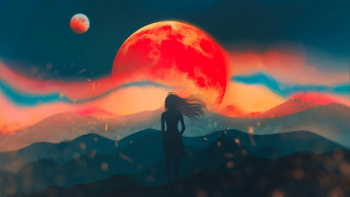 Woman hill red moon fantasy - full moon free wallpaper