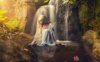 Woman waterfall forest autumn dress - matte fantasy painting free wallpaper