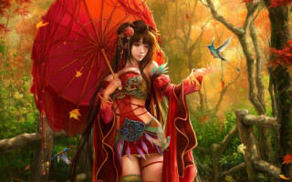 Woman red umbrella forest bird - free fantasy wallpaper