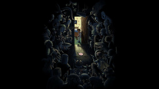 Crowded room open doorway light - dark art free wallpaper