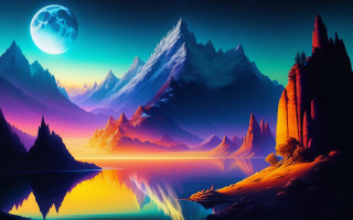 Mountain lake full moon reflection - matte fantasy painting free wallpaper for desktop