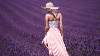 Woman hat lavender field pink - skirt free wallpaper