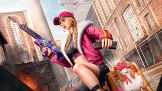 Cityscape brickbuilding woman gun chicken - a woman holding free wallpaper