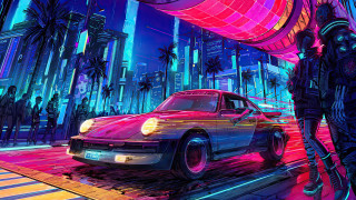 Neon lit city retrofuturism cyberpunk - a neon free wallpaper