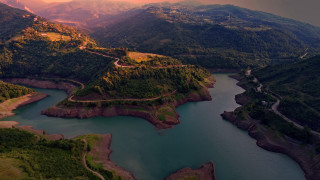 River mountains sunset plane view - plane free wallpaper