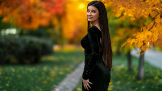 Woman black dress park autumn - the background and a path free wallpaper