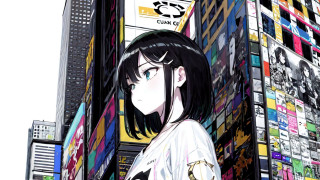 Woman cyberpunk building graffiti tokyo - color page free wallpaper