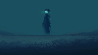 Person dog field glowing forest - conceptart free wallpaper for desktop