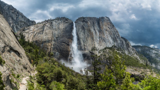 Waterfall mountain forest clouds rocks - waterfall free wallpaper for desktop