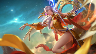 Woman sword gold outfit blue - a blue sky background free wallpaper for desktop