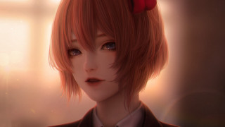 Anime character red bow looking - luminous free wallpaper for desktop