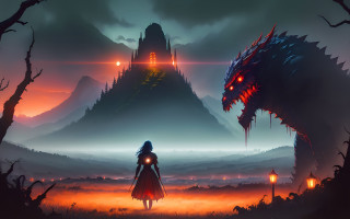 Woman giant monster forest night - anato finnstark free wallpaper