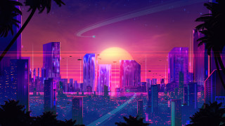Futuristic city sunset palm trees - synthwave style free wallpaper