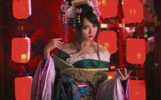 Woman fan lamp redbackground chinese - fei danxu free wallpaper