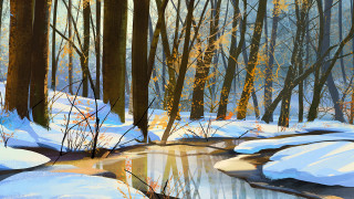 Snowy forest stream pleinair gouache - plein air free wallpaper