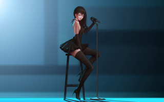 Woman black dress microphone sitting - her hand and a microphone free wallpaper