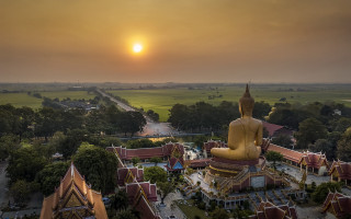Buddha statue lush field forest - tree and buildings free wallpaper