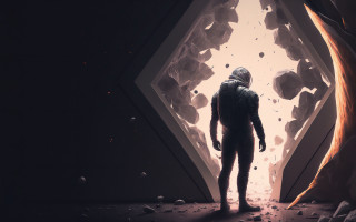 Man doorway spacesuit rocket night - sci fi free wallpaper