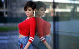 Woman red shirt jeans anamorphic - leaning free wallpaper