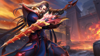 Woman blue red sword fire - outfit holding free wallpaper for desktop