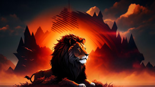 Lion sunset mountains fire red - a red sun free wallpaper