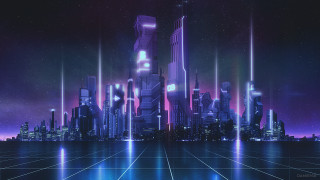 Futuristic city neon lights purple - synthwave free wallpaper