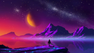 Starry sky moon hill mountains - synthwave style free wallpaper