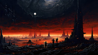 Red sky moon city embers - a full moon in the distance free wallpaper