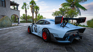 White racecar brickroad palmtree clockbuilding - a brick road next free wallpaper