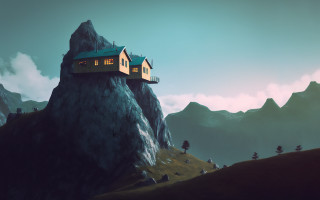 Mountain house clouds sky horizon - atey ghailan free wallpaper
