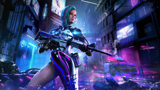 Futuristic woman cyberpunk city gun 2 - free cyberpunk wallpaper